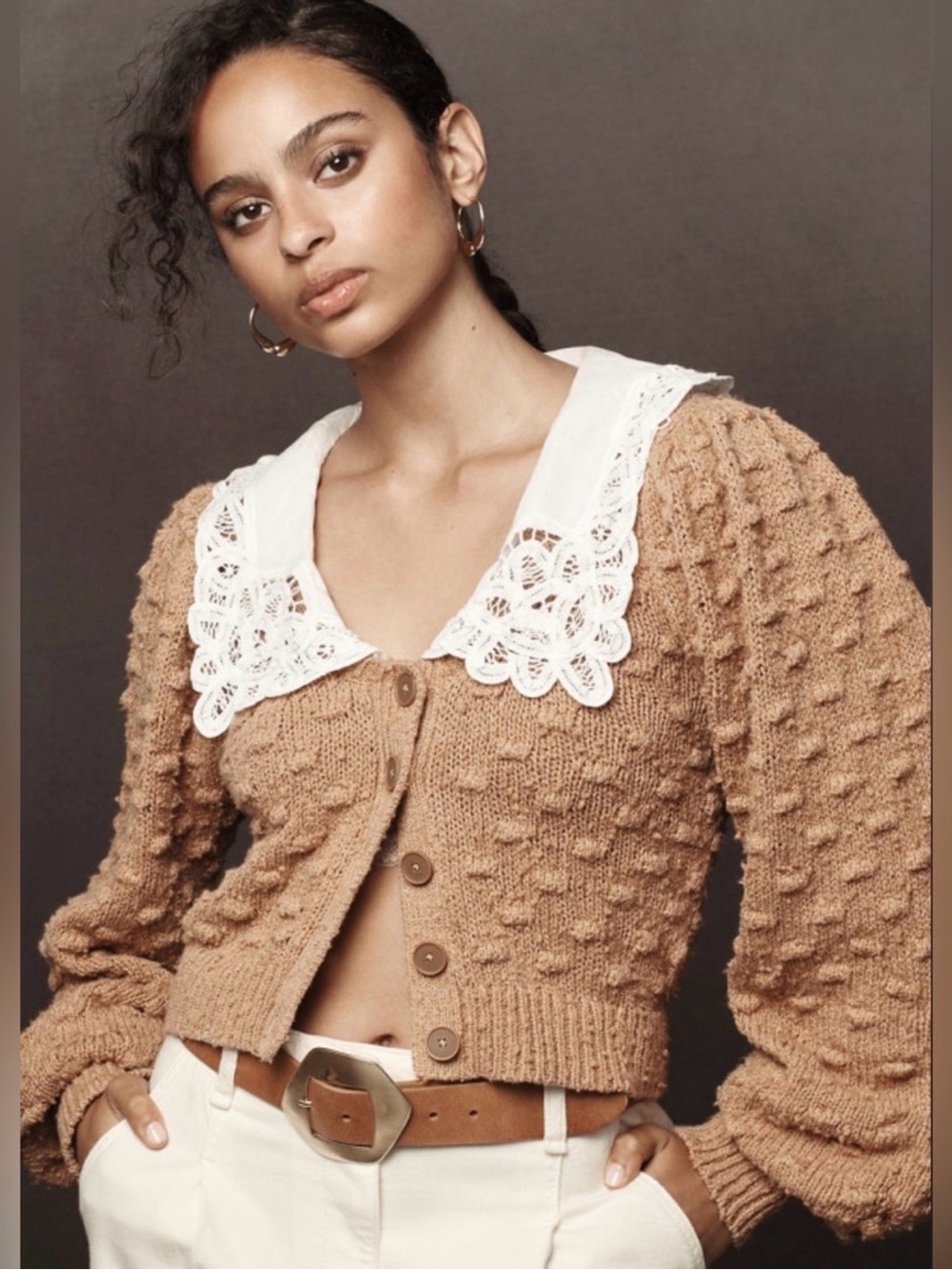 Anthropologie Balloon-Sleeve Collared Cardigan Sweater, L